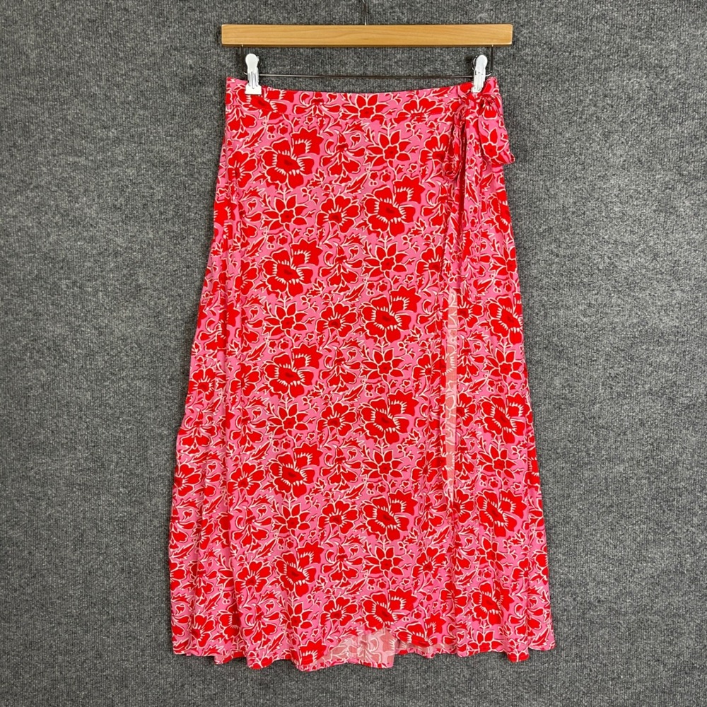 J.Crew Midi Skirt Womens M Pink Red Floral Excellent Faux Wrap Viscose